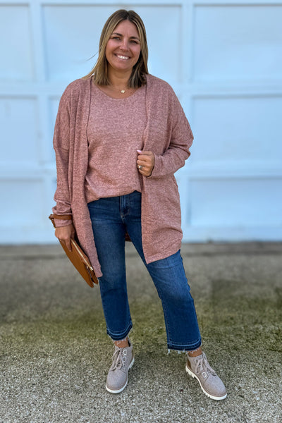 Terracotta Ribbed Texture Cardigan styled