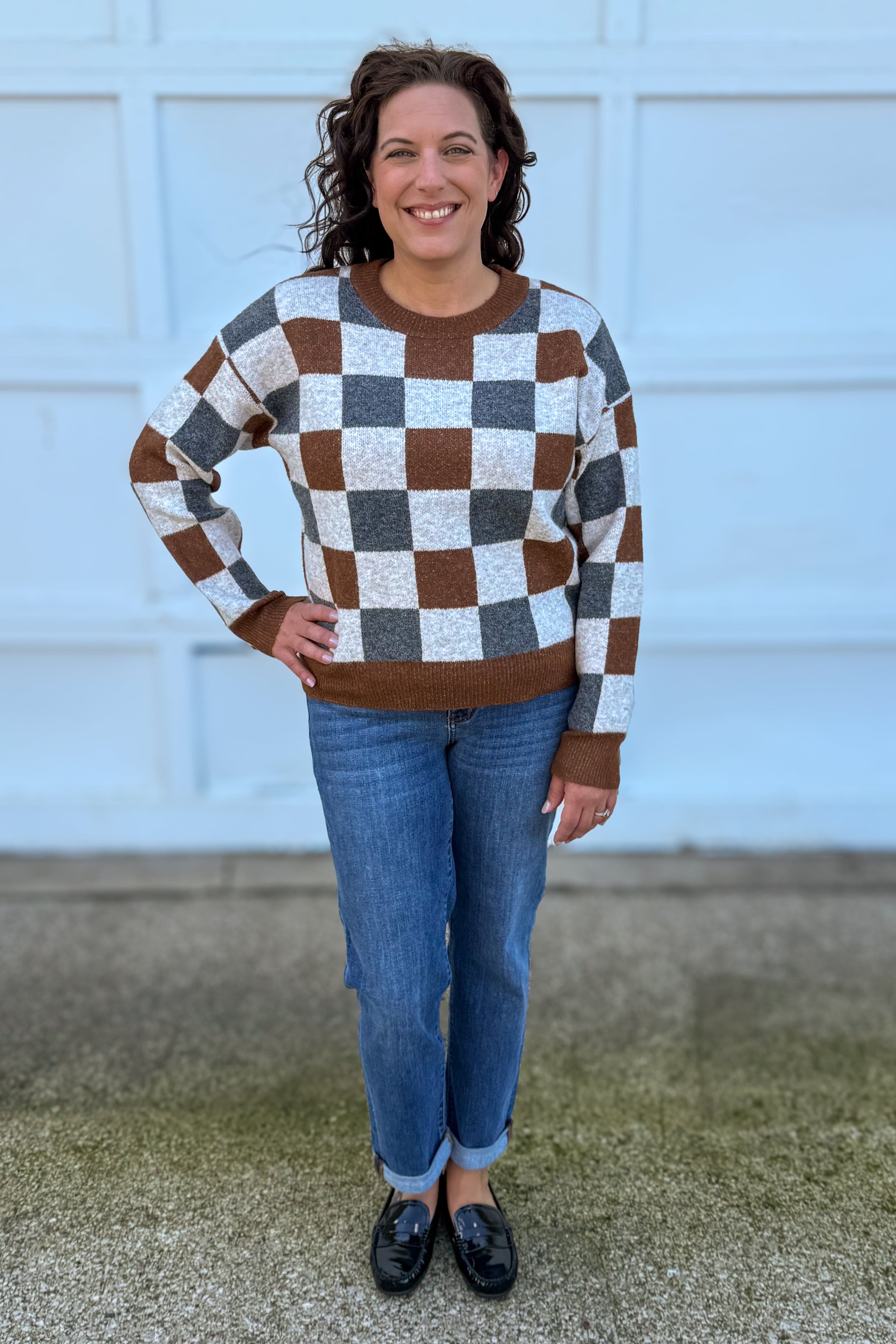 Brown Checkered Crew Neck Sweater styled