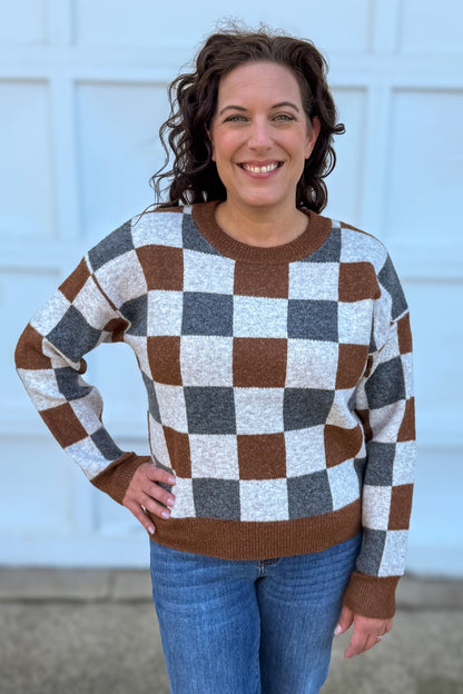 Brown Checkered Crew Neck Sweater