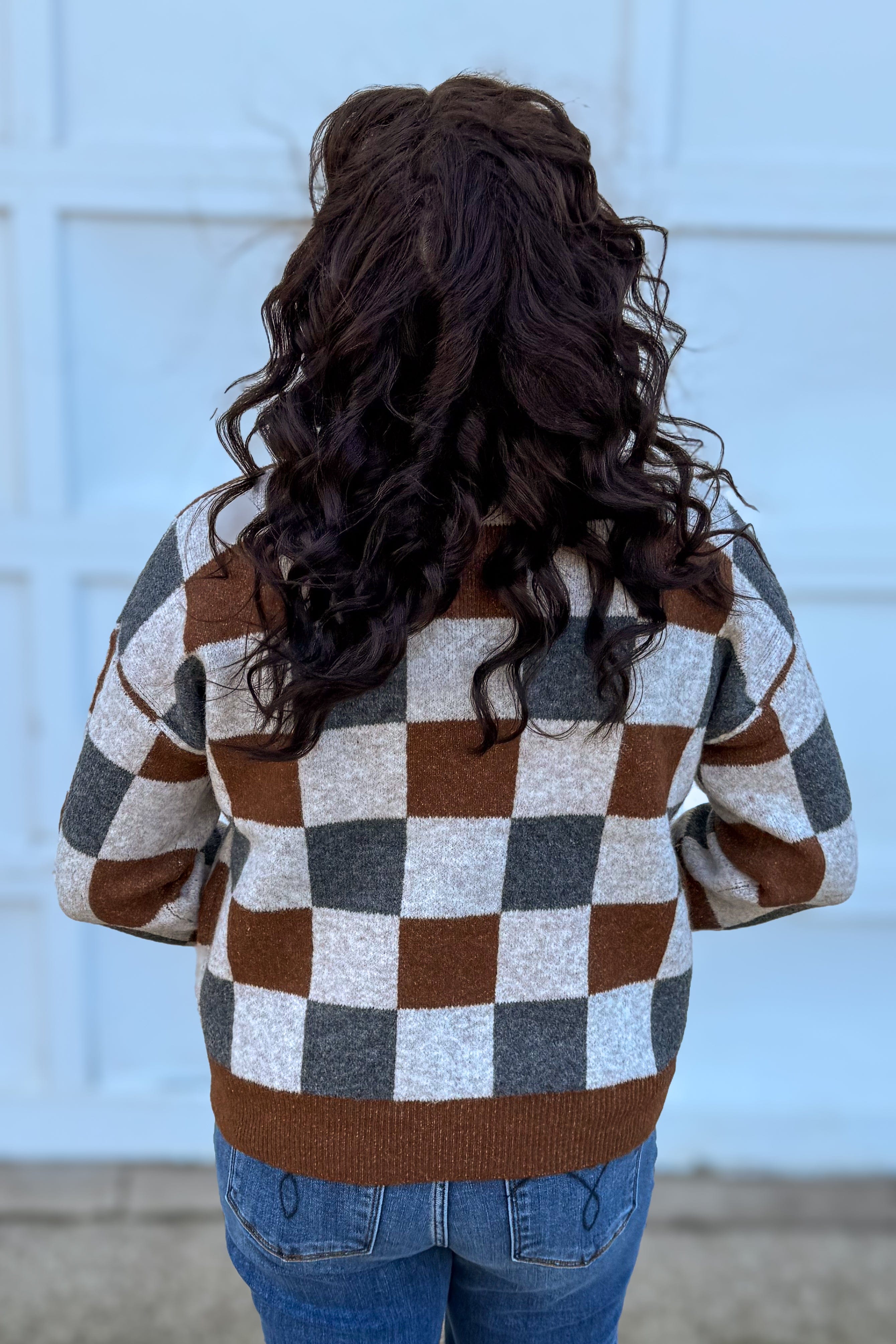 Brown Checkered Crew Neck Sweater back