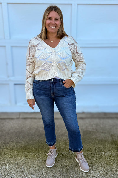 Cream Pointelle Detail Sweater Cardigan styled