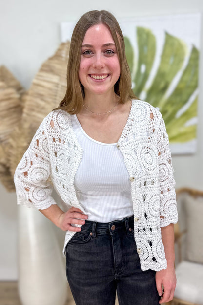 White Crochet Button Short Cardigan