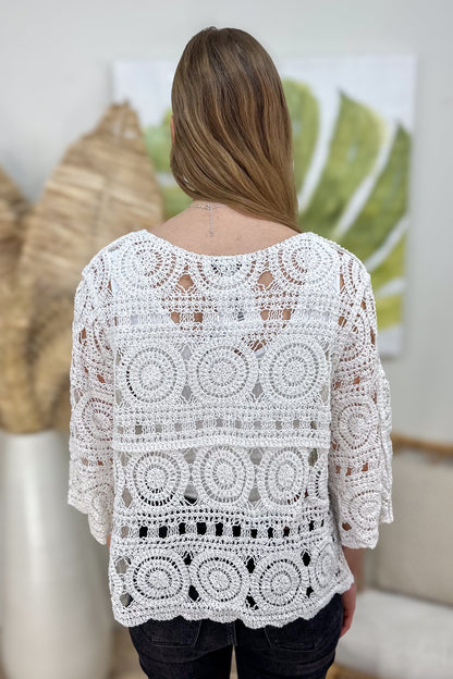 White Crochet Button Short Cardigan Back