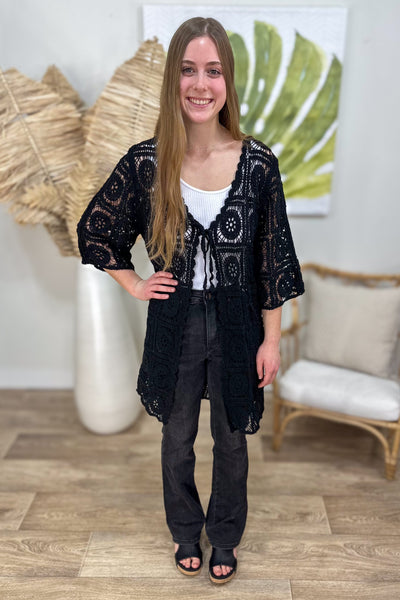 Black Crochet Tie Front Cardigan Styled