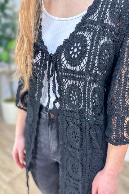 Black Crochet Tie Front Cardigan Detailed