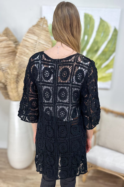 Black Crochet Tie Front Cardigan Back
