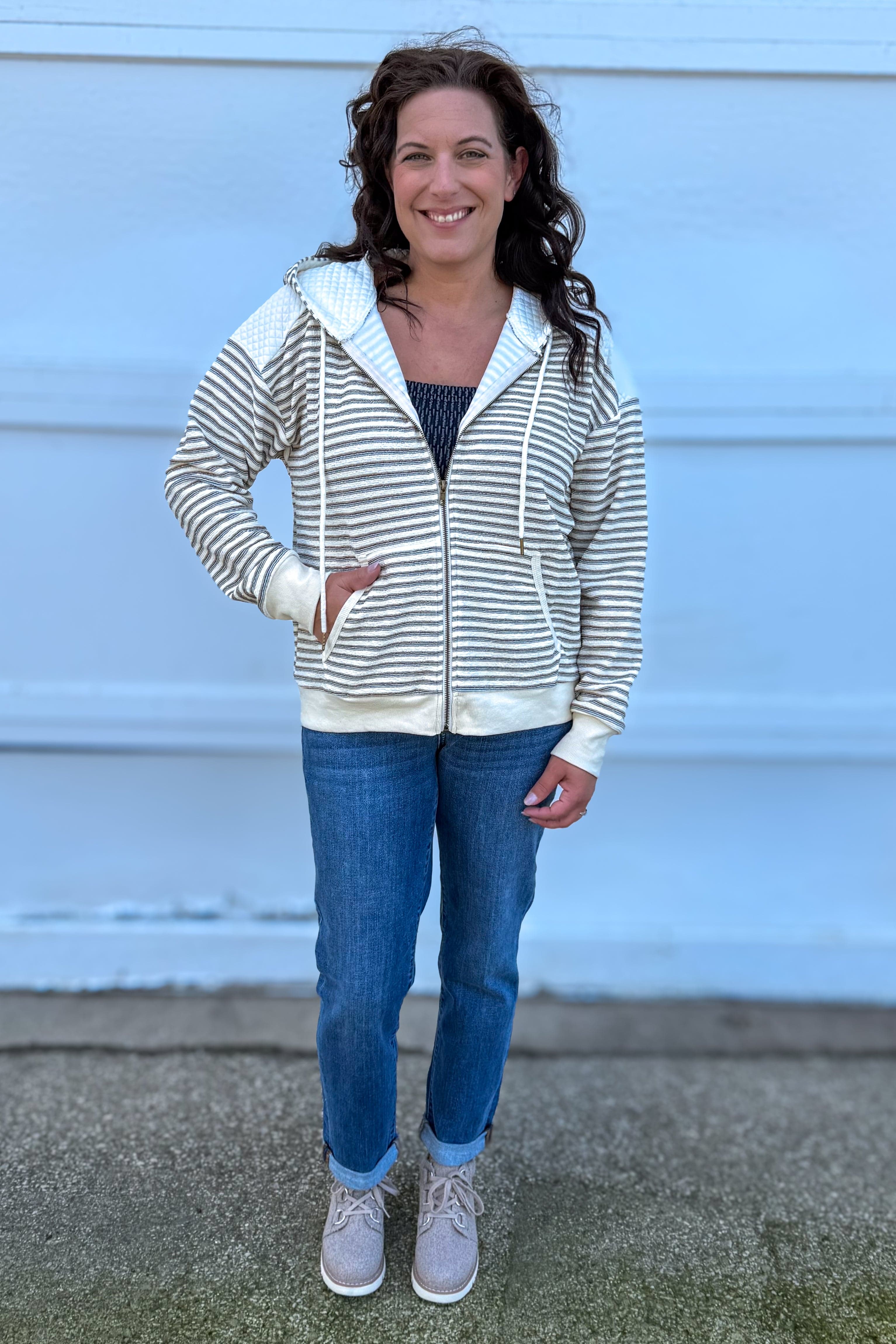 Ecru Textured Stripe Hoodie Zip Jacket
