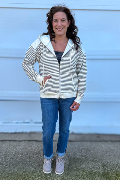 Ecru Textured Stripe Hoodie Zip Jacket styled