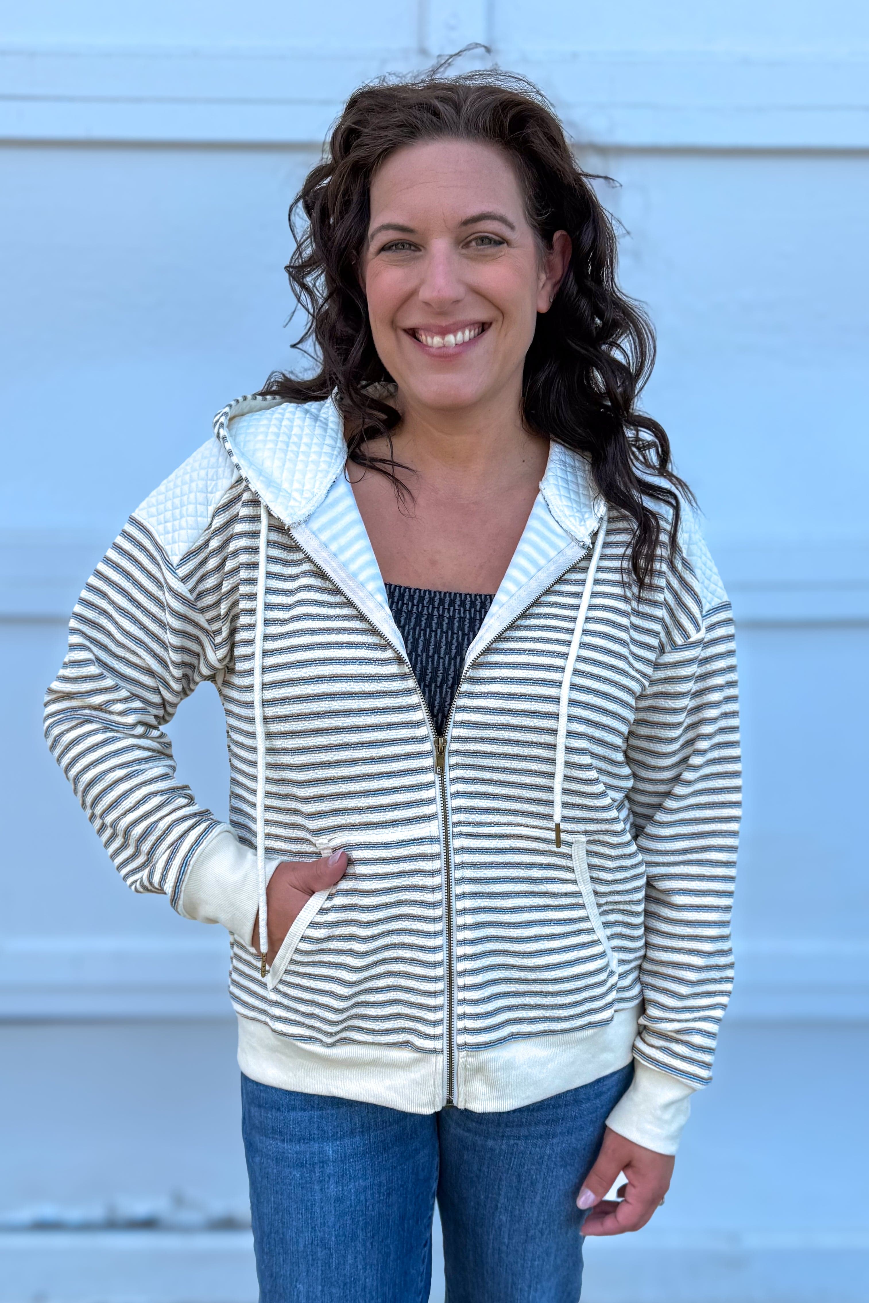 Ecru Textured Stripe Hoodie Zip Jacket