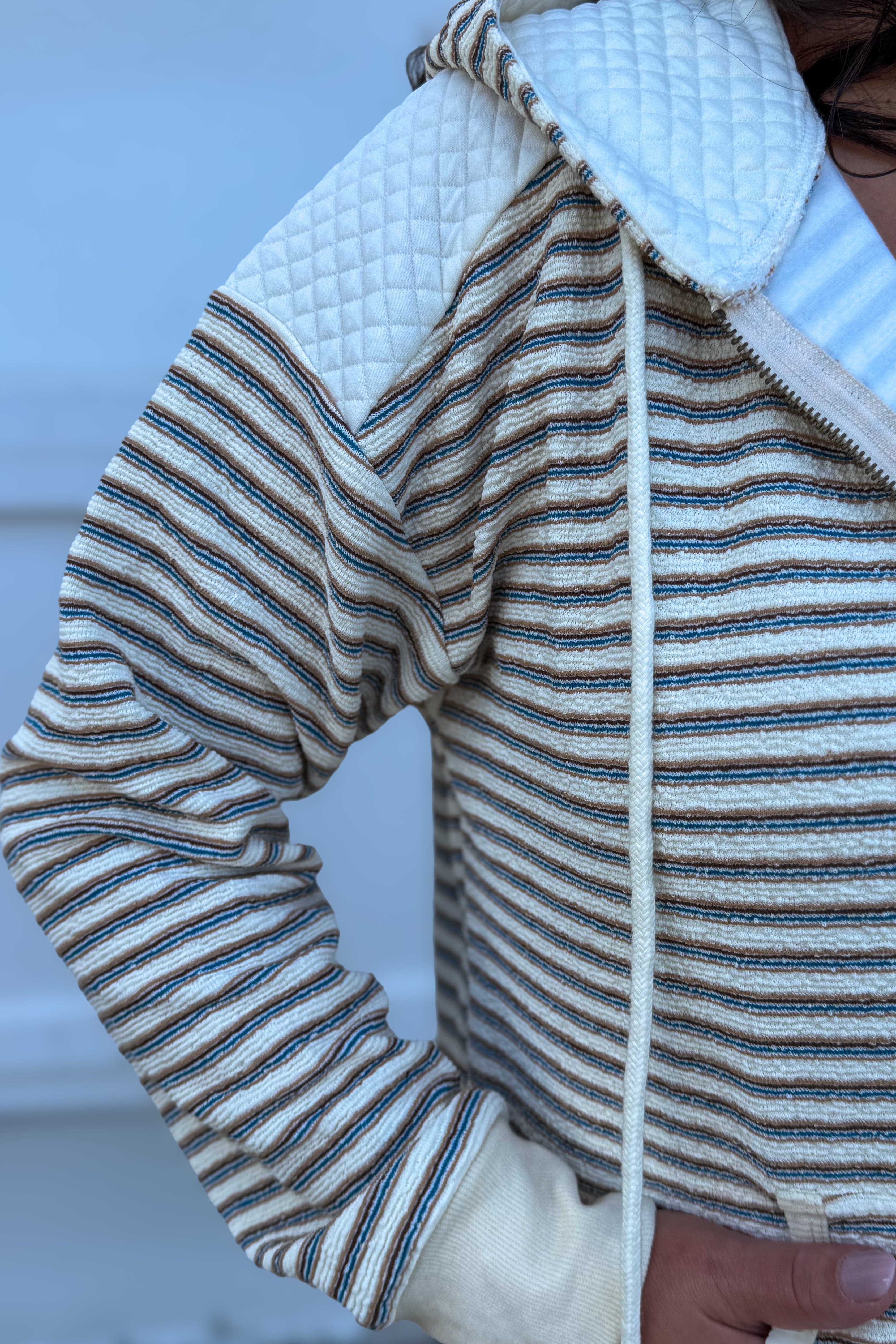 Ecru Textured Stripe Hoodie Zip Jacket