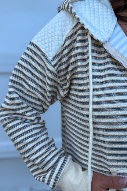 Ecru Textured Stripe Hoodie Zip Jacket