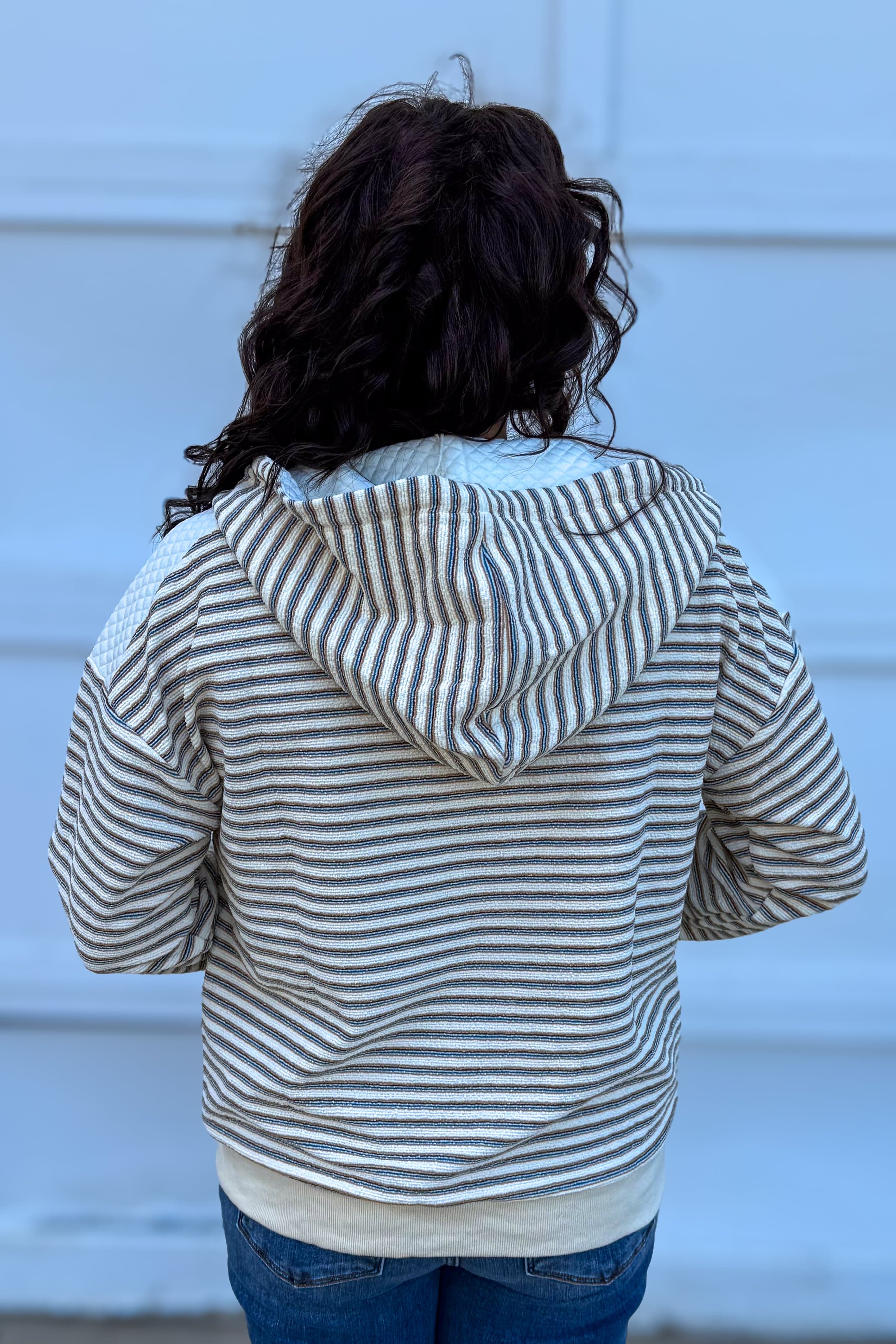 Ecru Textured Stripe Hoodie Zip Jacket