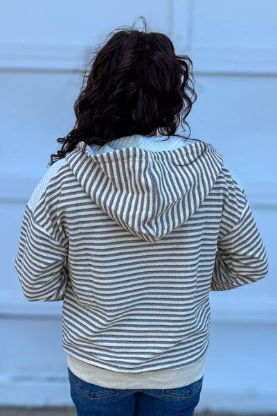 Ecru Textured Stripe Hoodie Zip Jacket back