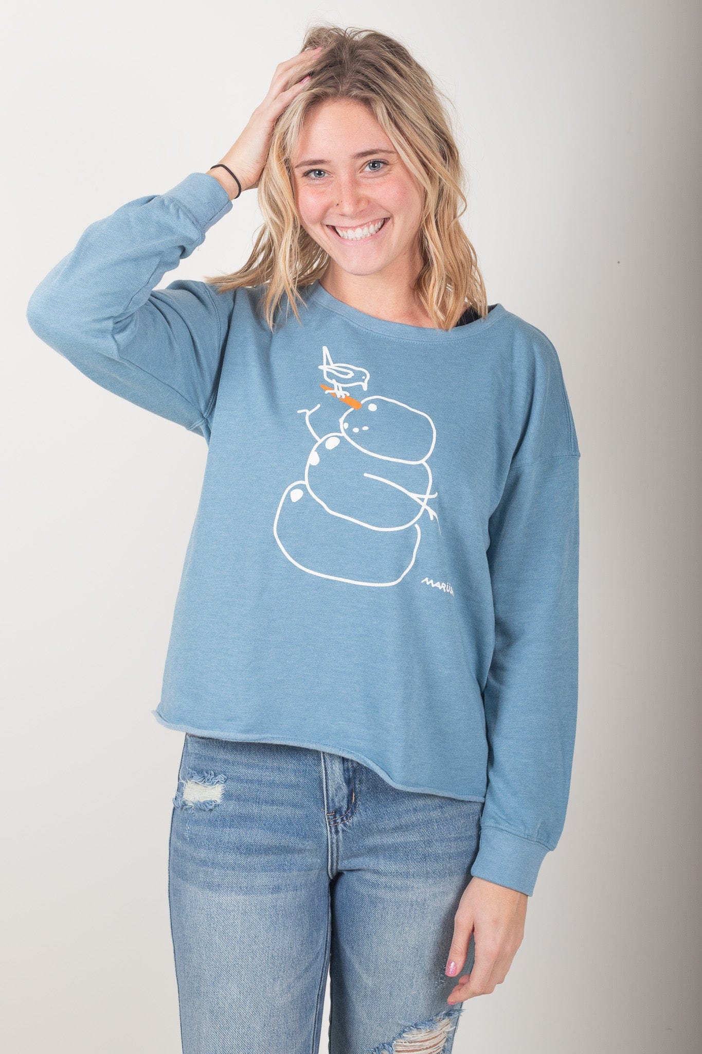 Snowman Misty Blue Drop Shoulder Crew