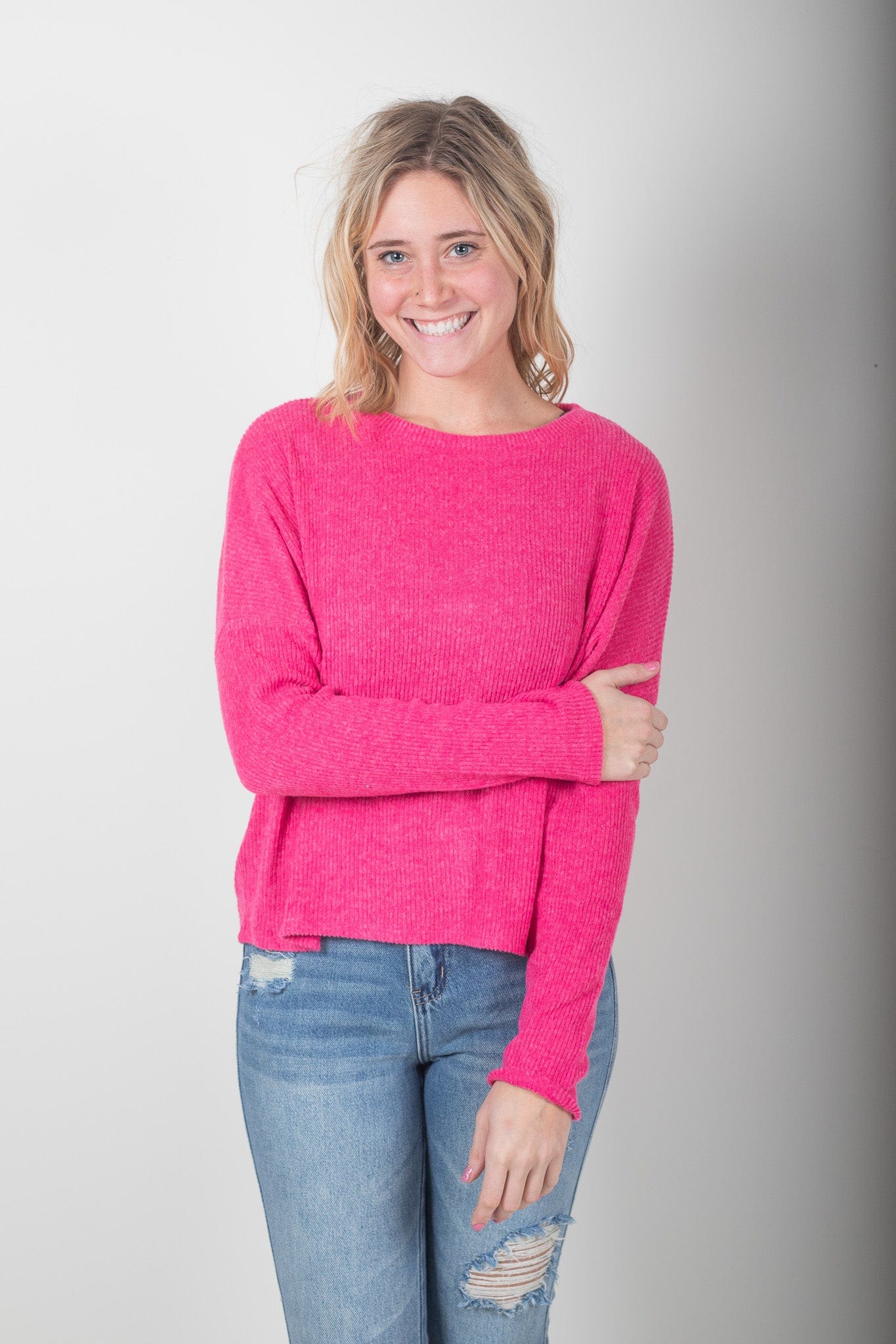 Fuchsia Ribbed Dolman Sweater