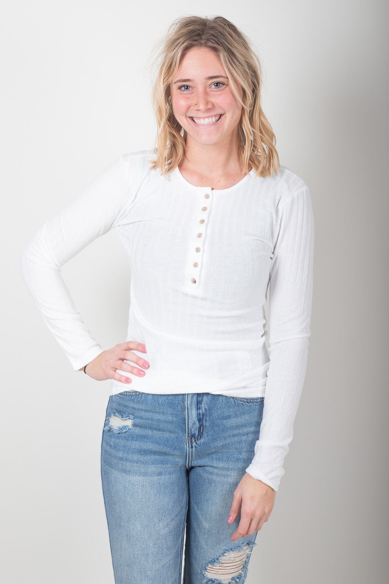 Off White Ribbed Button Detail Top