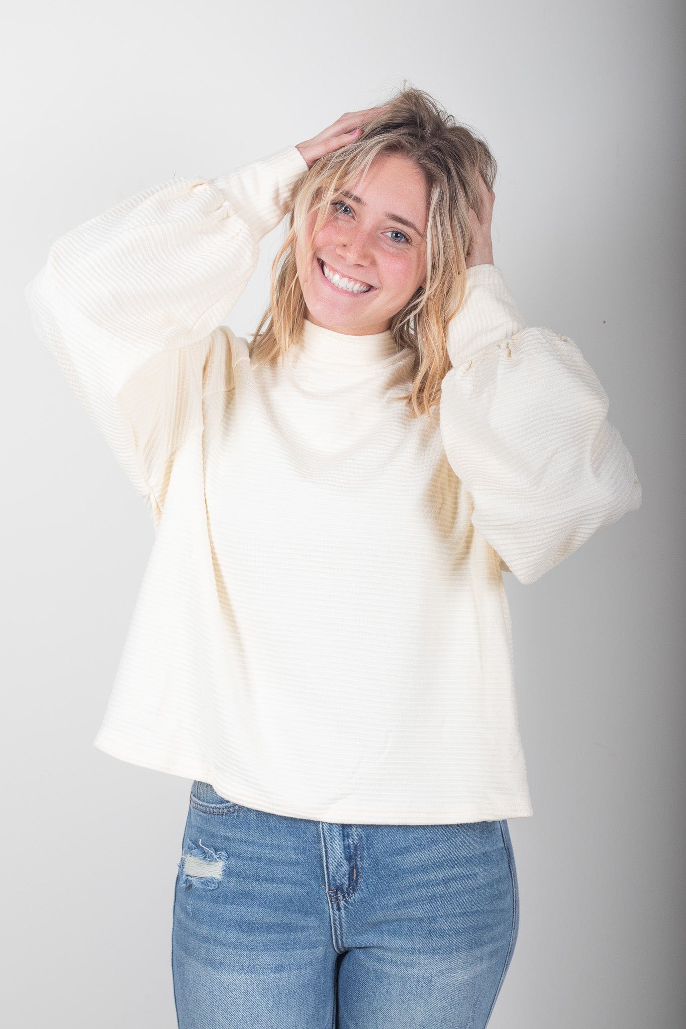 Cream Cropped Balloon Sleeve Top