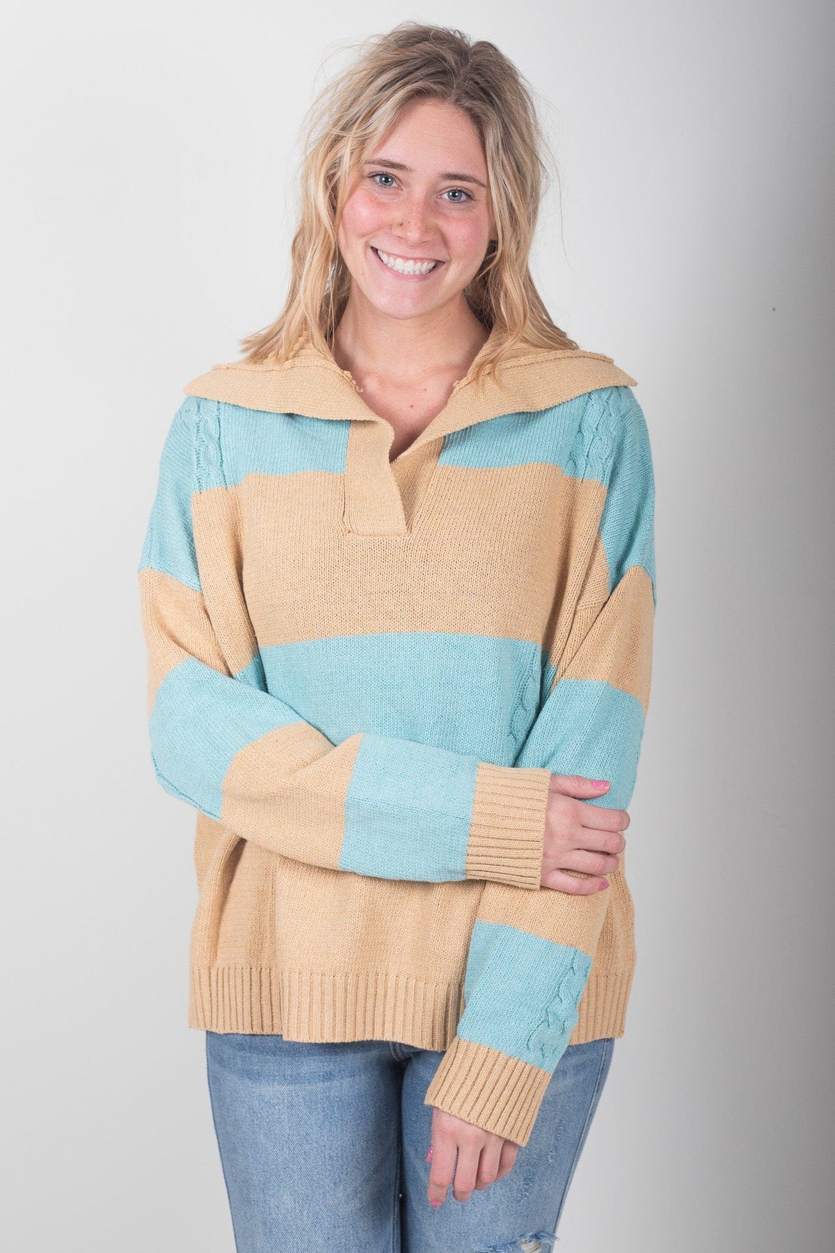 Blue & Tan Stripe Pop Collar Sweater