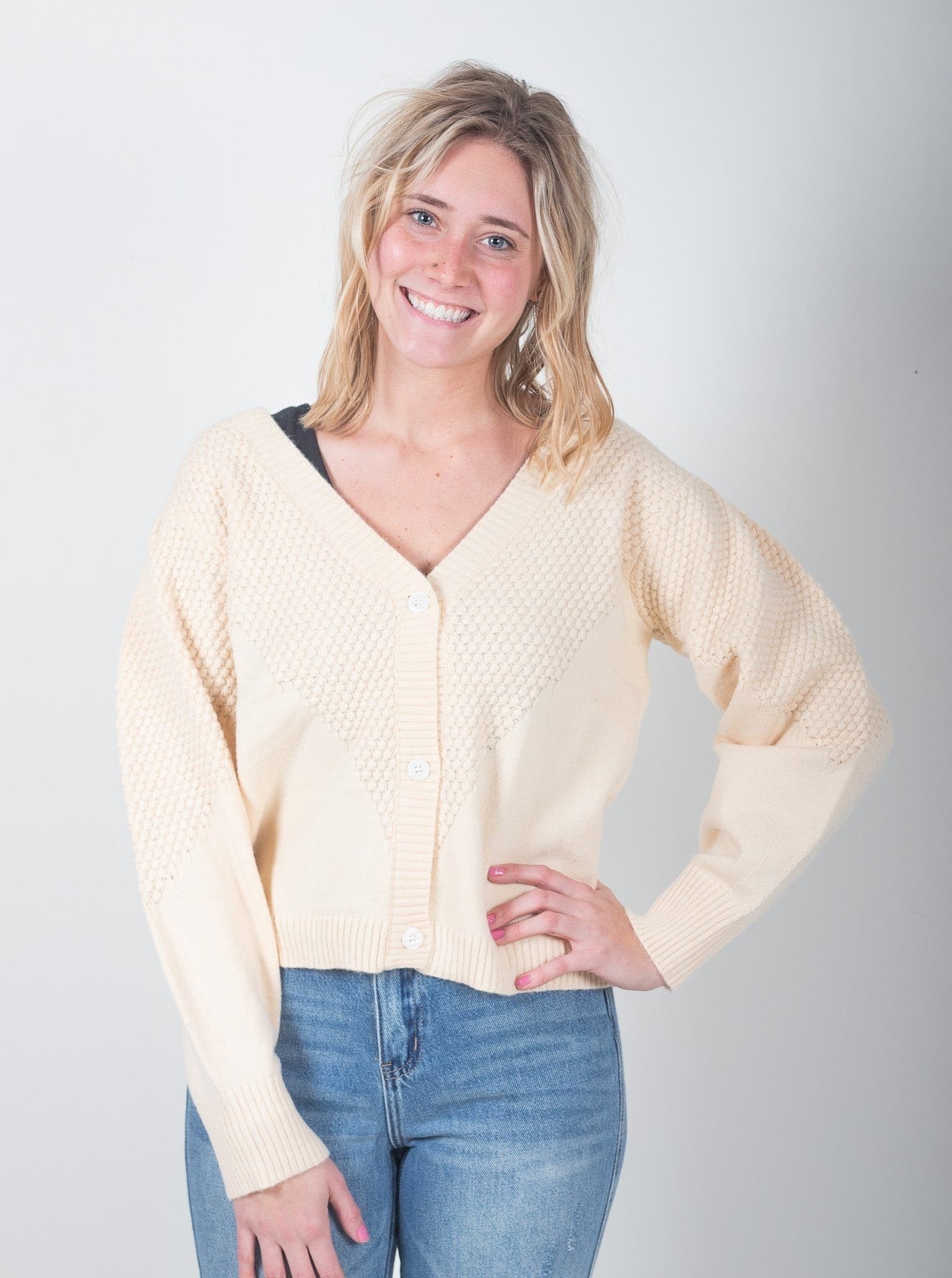 Cream Crop V Button Cardi