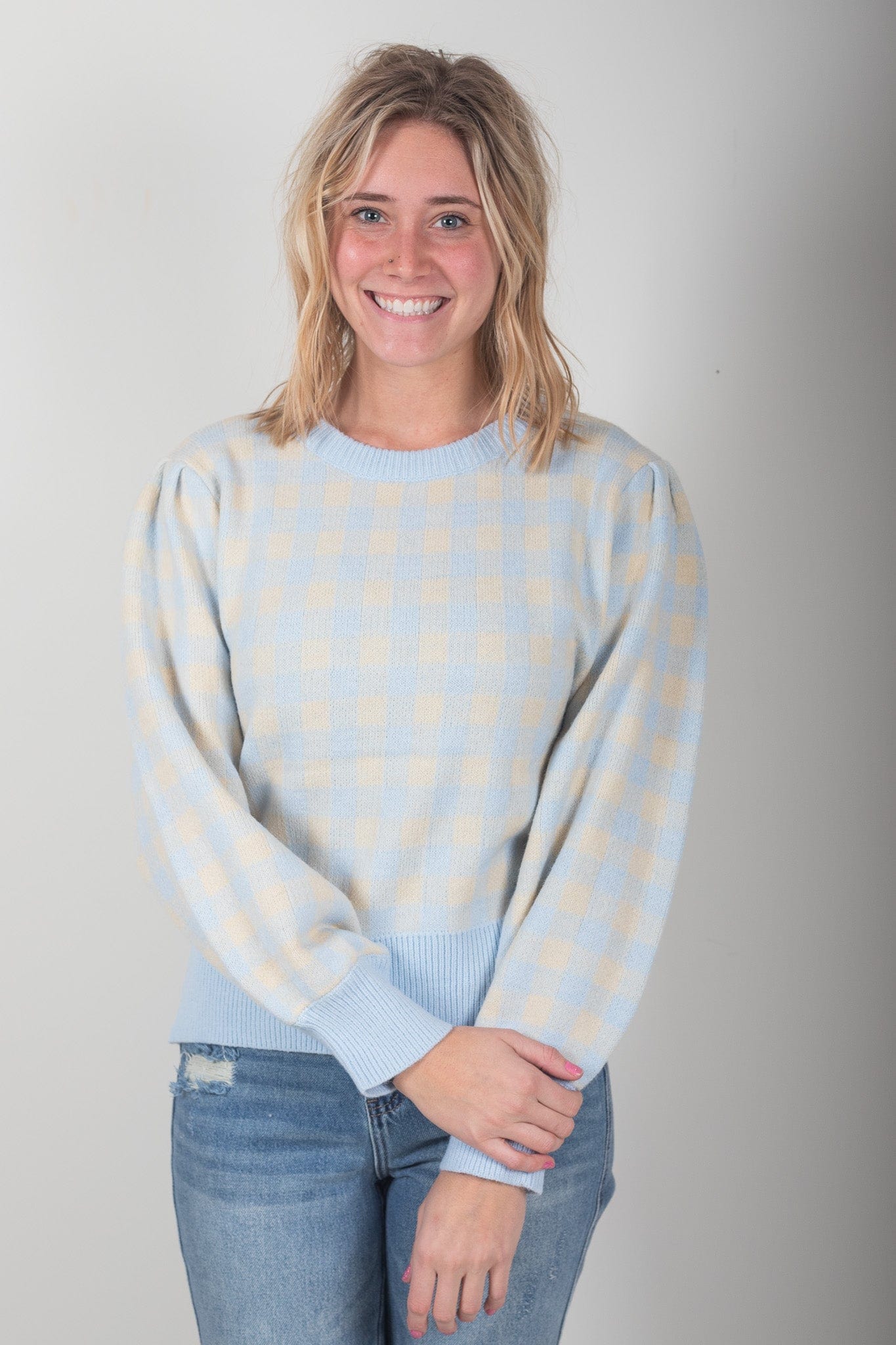 Blue & Yellow Checkered Cropped Sweater