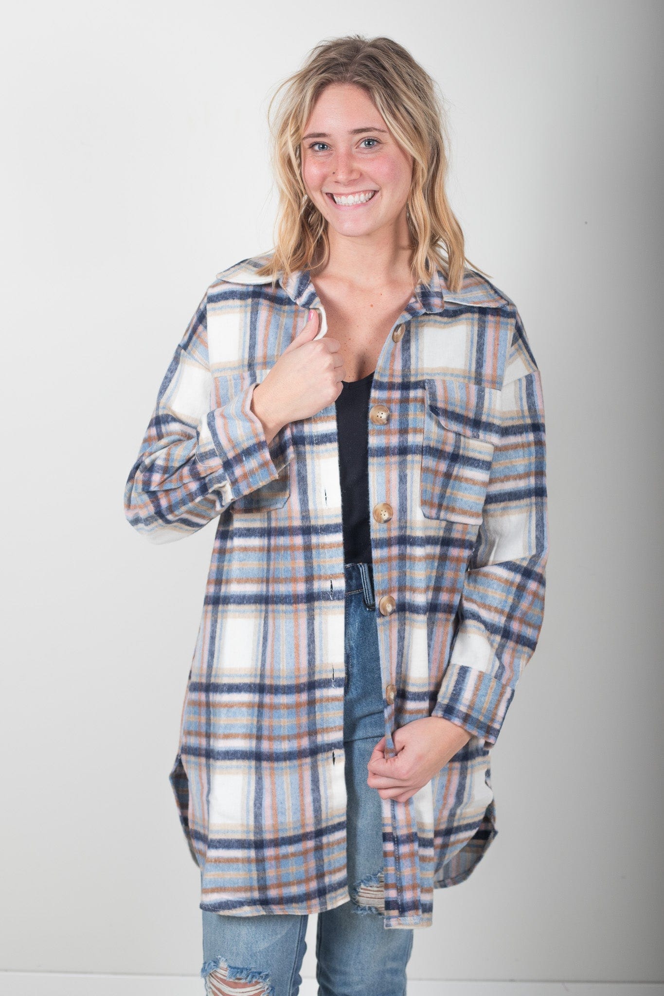 Blue Mixed Plaid Long Shacket