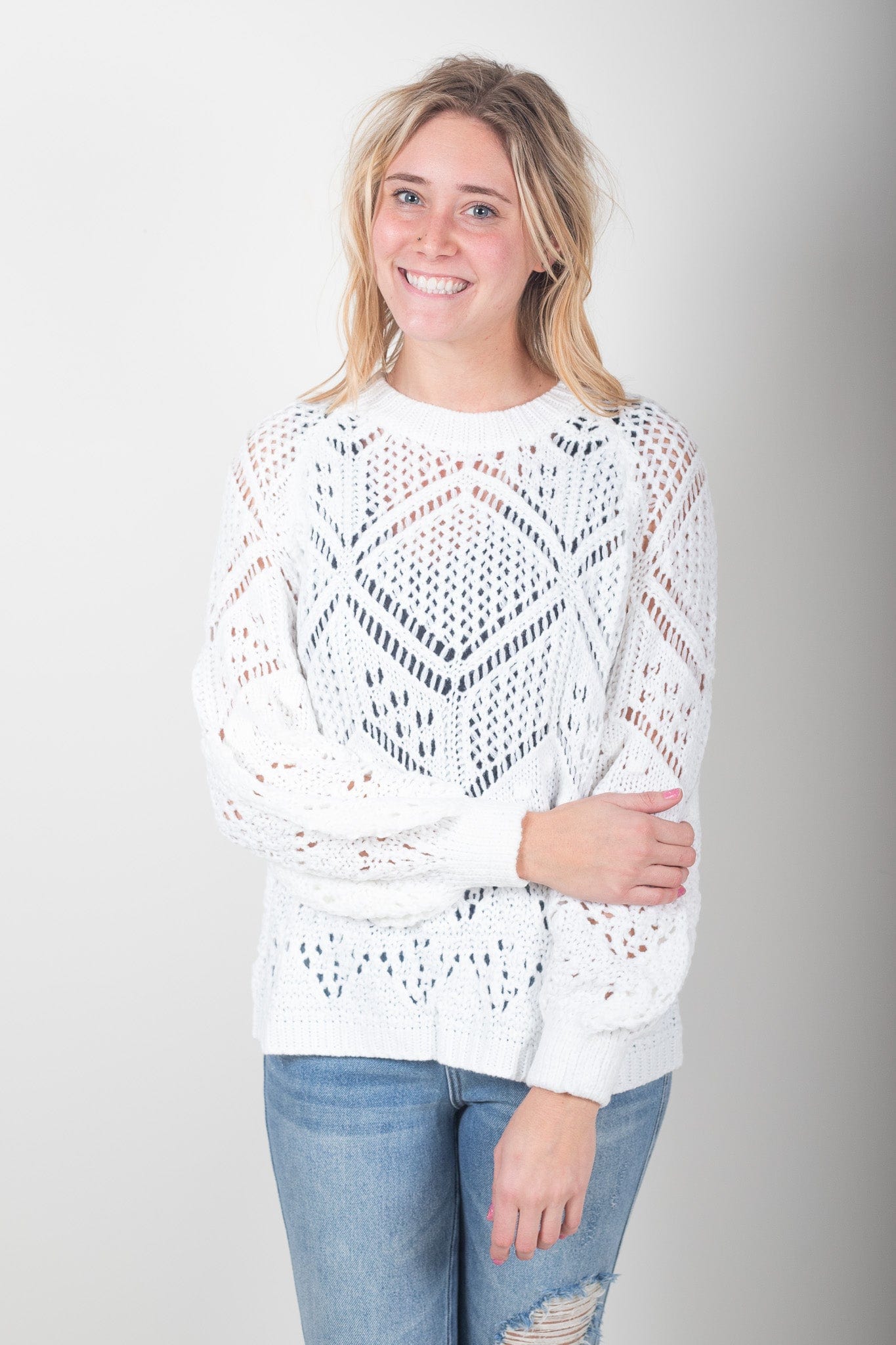 White Crochet Open Knit Sweater