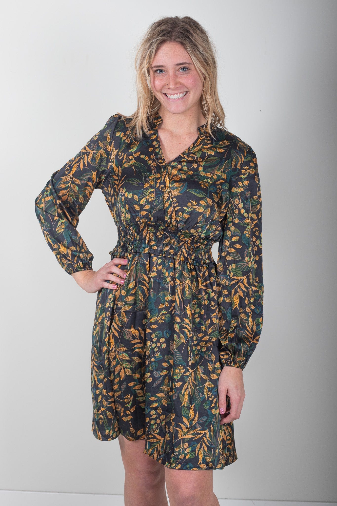 Black Floral Dress w/Smocked Waist