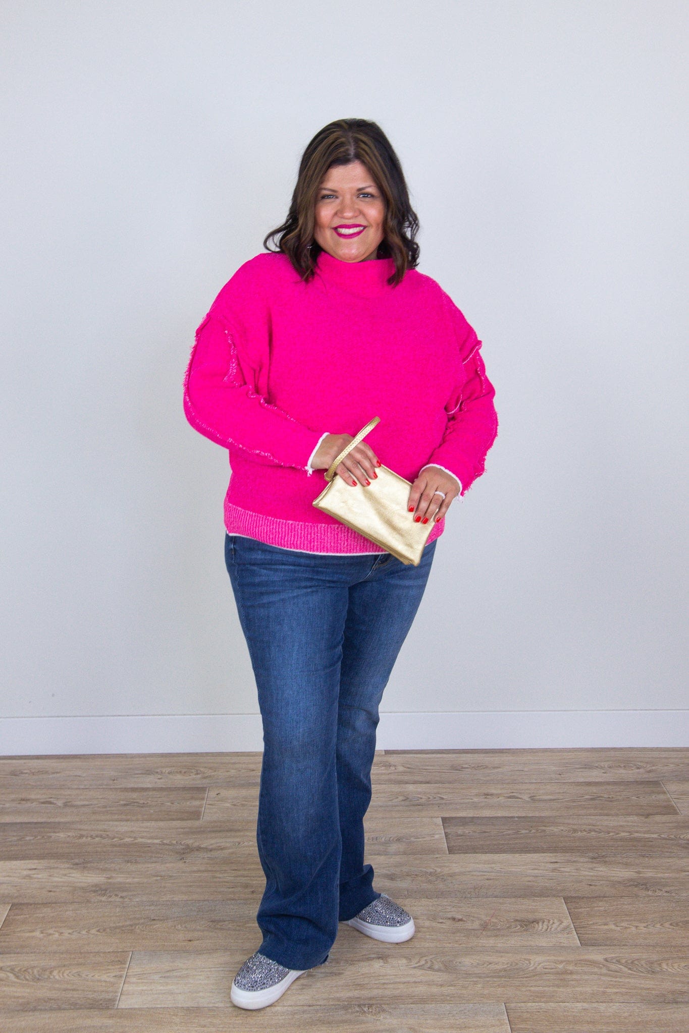 Hot Pink Oversized Raw Seam Chenille Sweater
