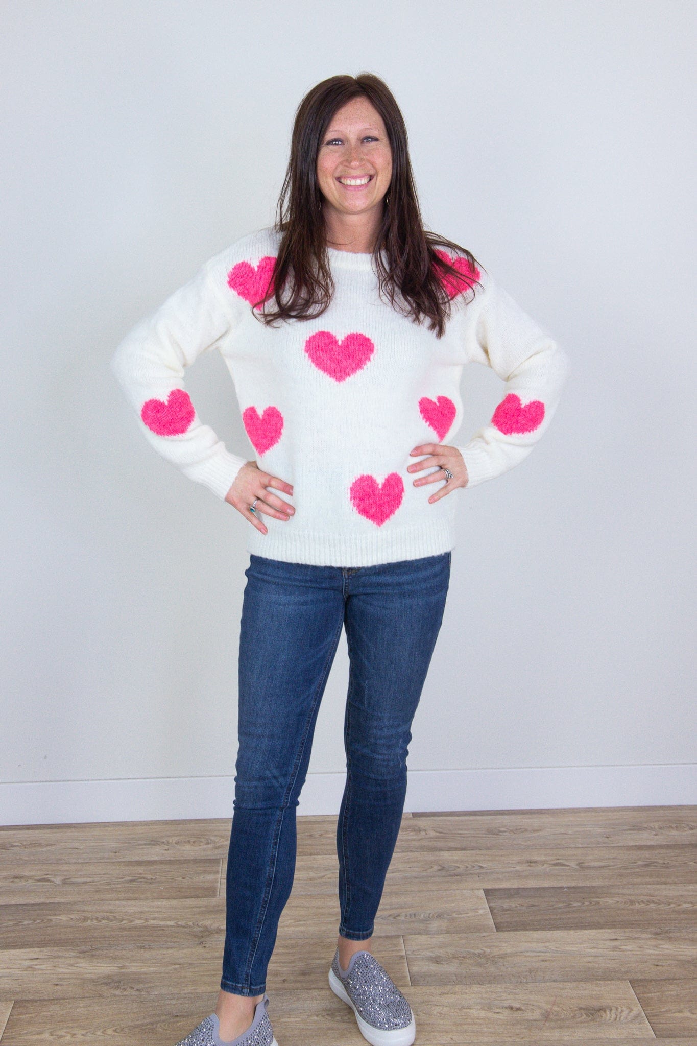 Ivory & Pink Hearts Pullover Sweater