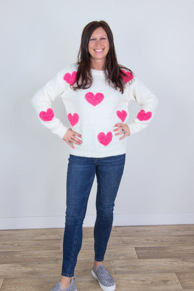 Ivory & Pink Hearts Pullover Sweater