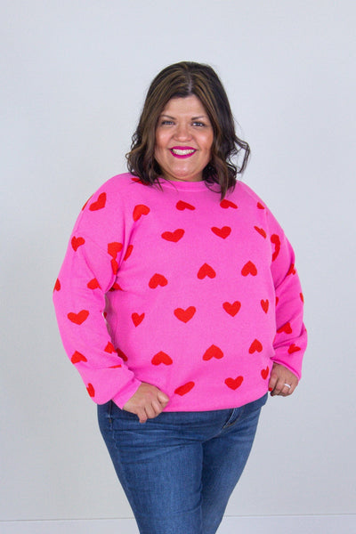 Hearts Pink Jaquarded Crew Neck Sweater