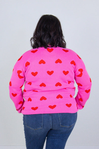 Hearts Pink Jaquarded Crew Neck Sweater