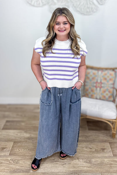 Lavender Stripe Sweater Vest Styled