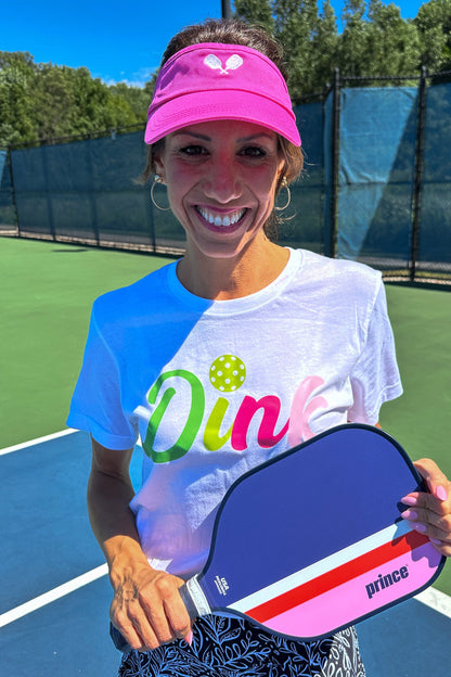 White Dink Pickleball T-shirtHot Pink Pickleball Paddles Visor