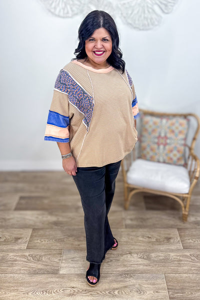 Mocha 3/4 Sleeve Stripe Top Styled