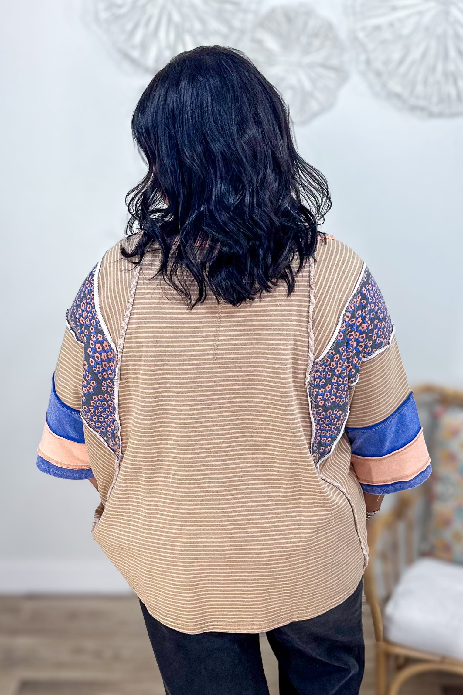 Mocha 3/4 Sleeve Stripe Top Back