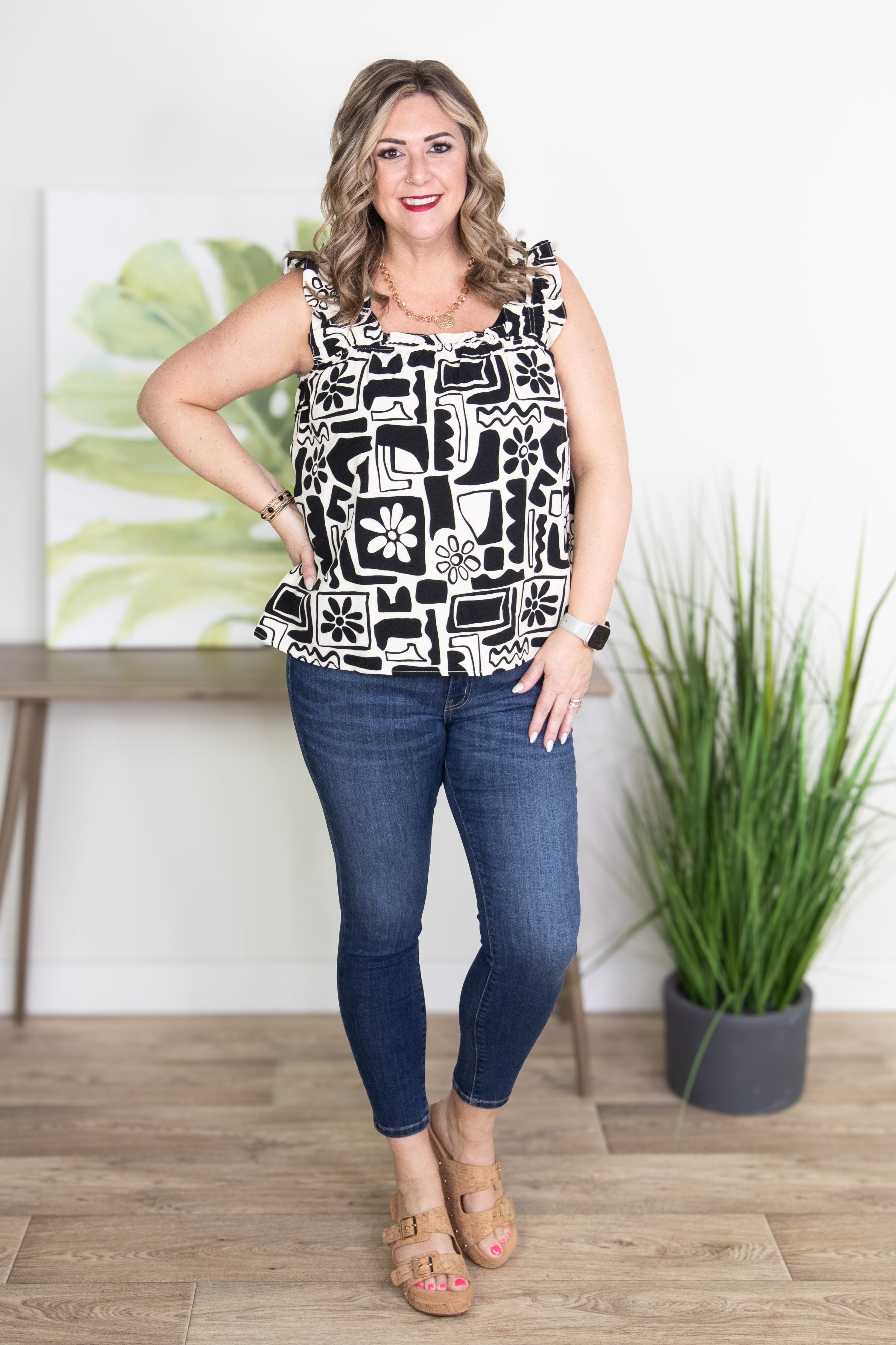 Geo Black Floral Charlie Ruffle Top Styled