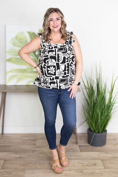 Geo Black Floral Charlie Ruffle Top Styled