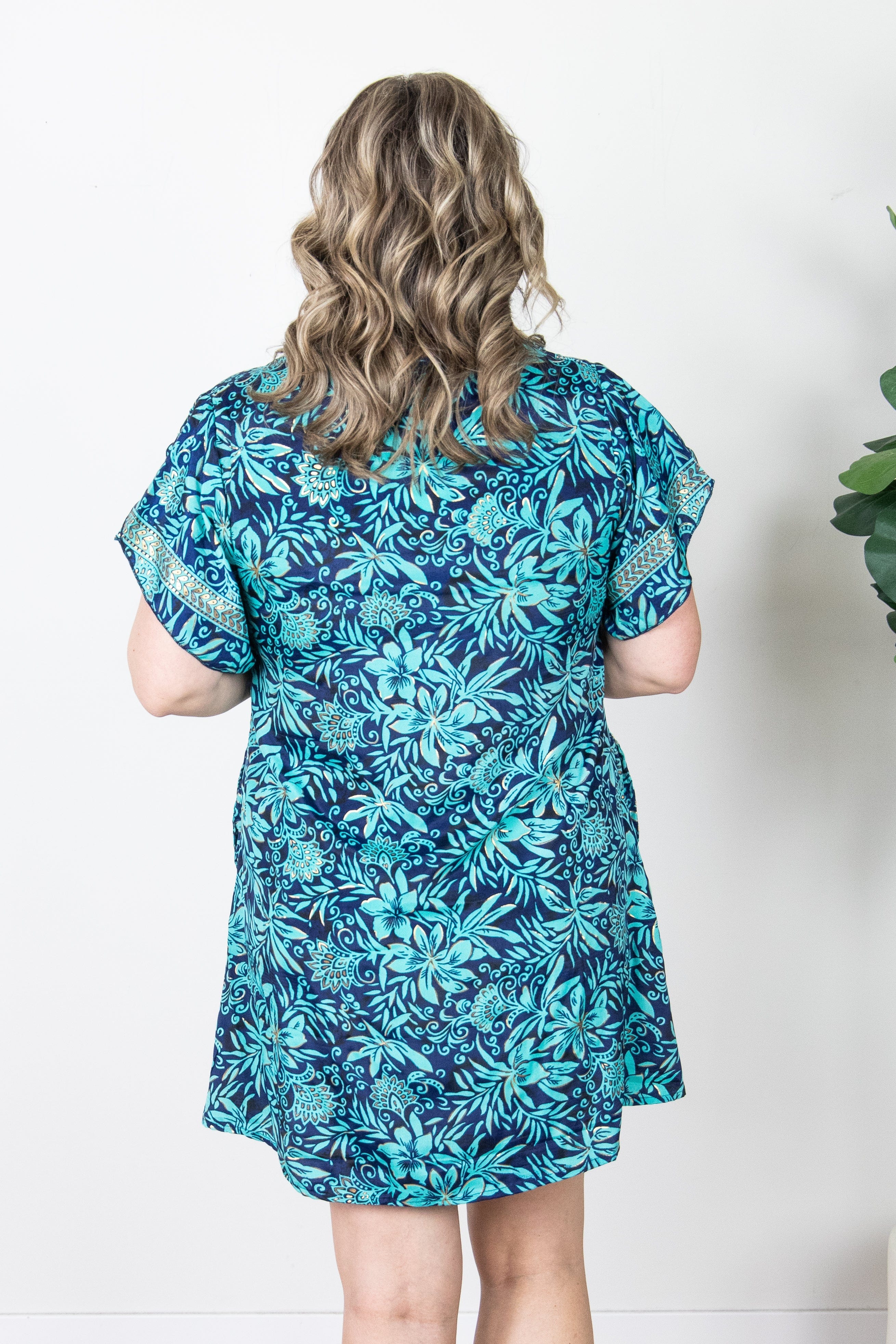 Aqua & Navy Gold Fleck Layered Sleeve Dress Back