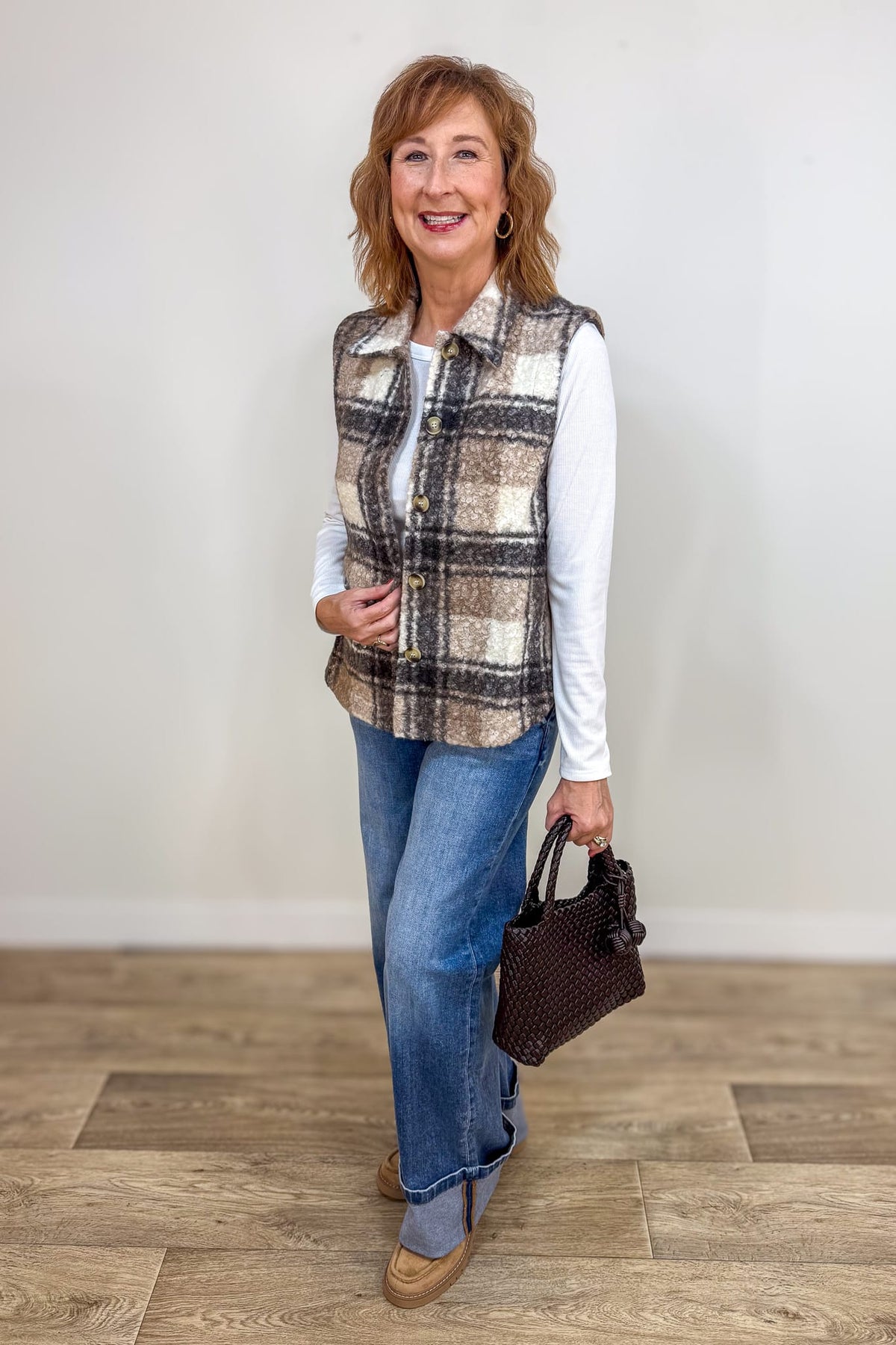 Mocha Plaid Boucle Vest