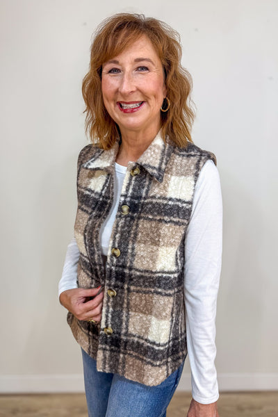 Mocha Plaid Boucle Vest
