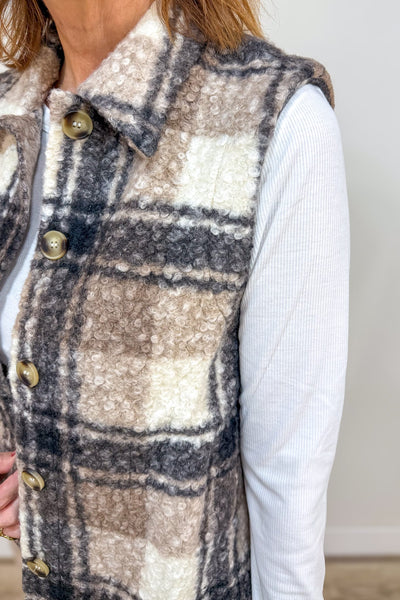 Mocha Plaid Boucle Vest Detail