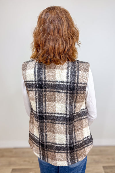 Mocha Plaid Boucle Vest Back