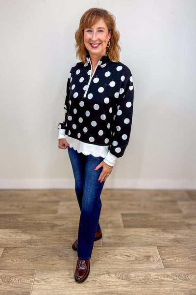 Black Polka Dot Scallop Zip Pullover