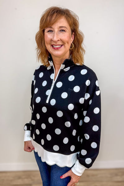 Black Polka Dot Scallop Zip Pullover