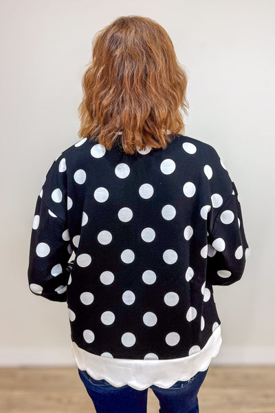 Black Polka Dot Scallop Zip Pullover Back