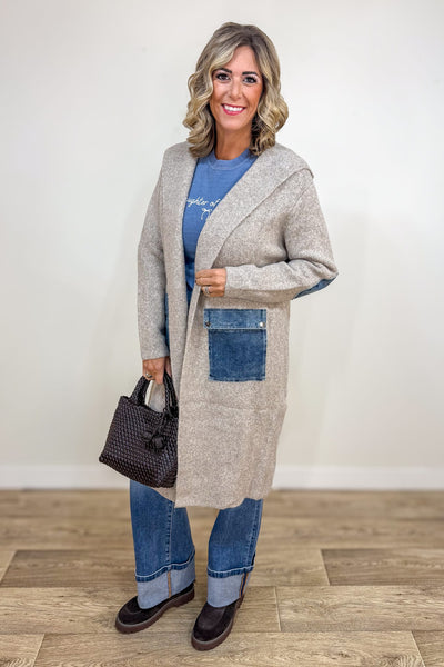 Khaki Soho Denim Trim Hooded Coatigan