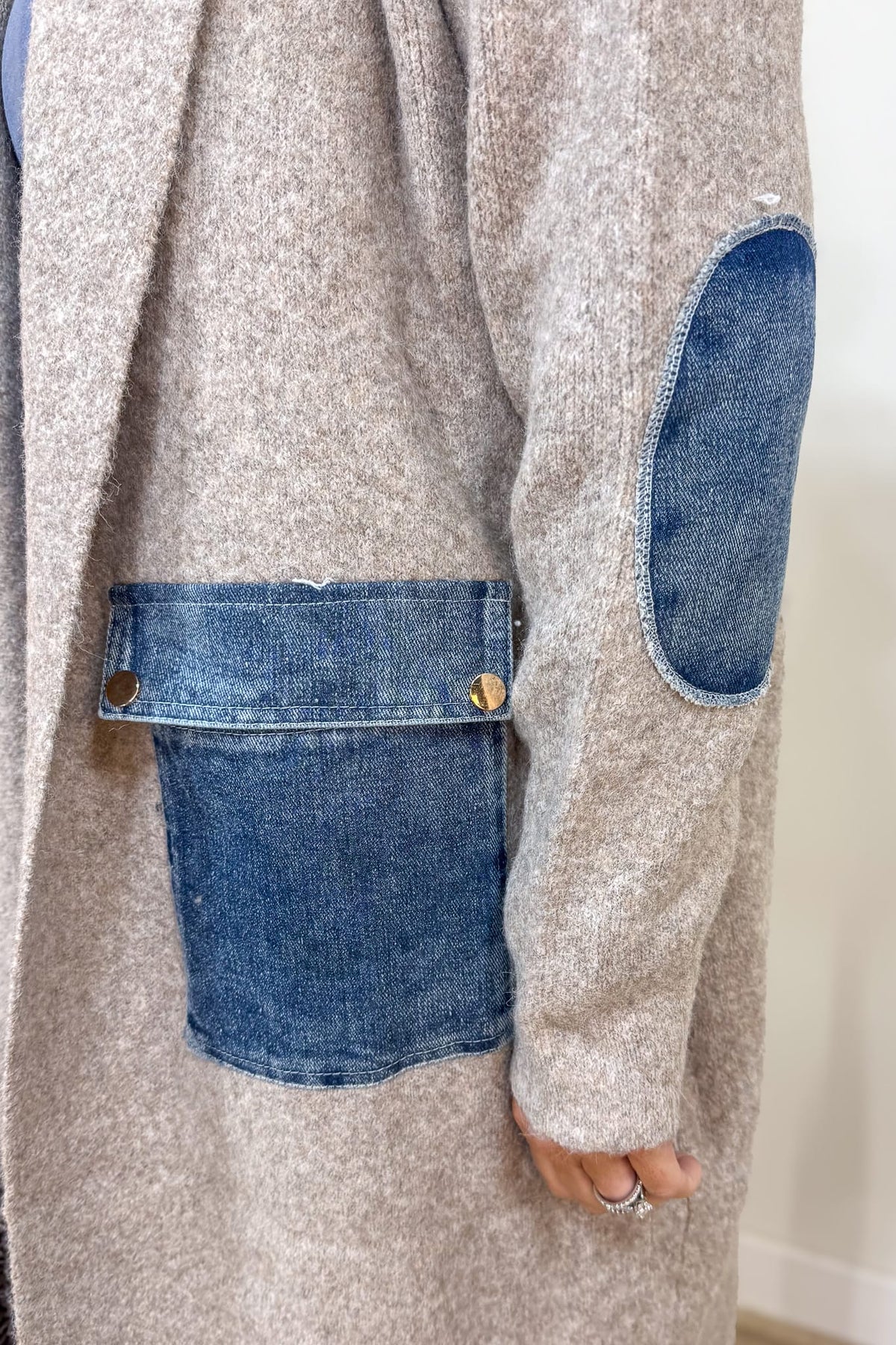 Khaki Soho Denim Trim Hooded Coatigan Detail