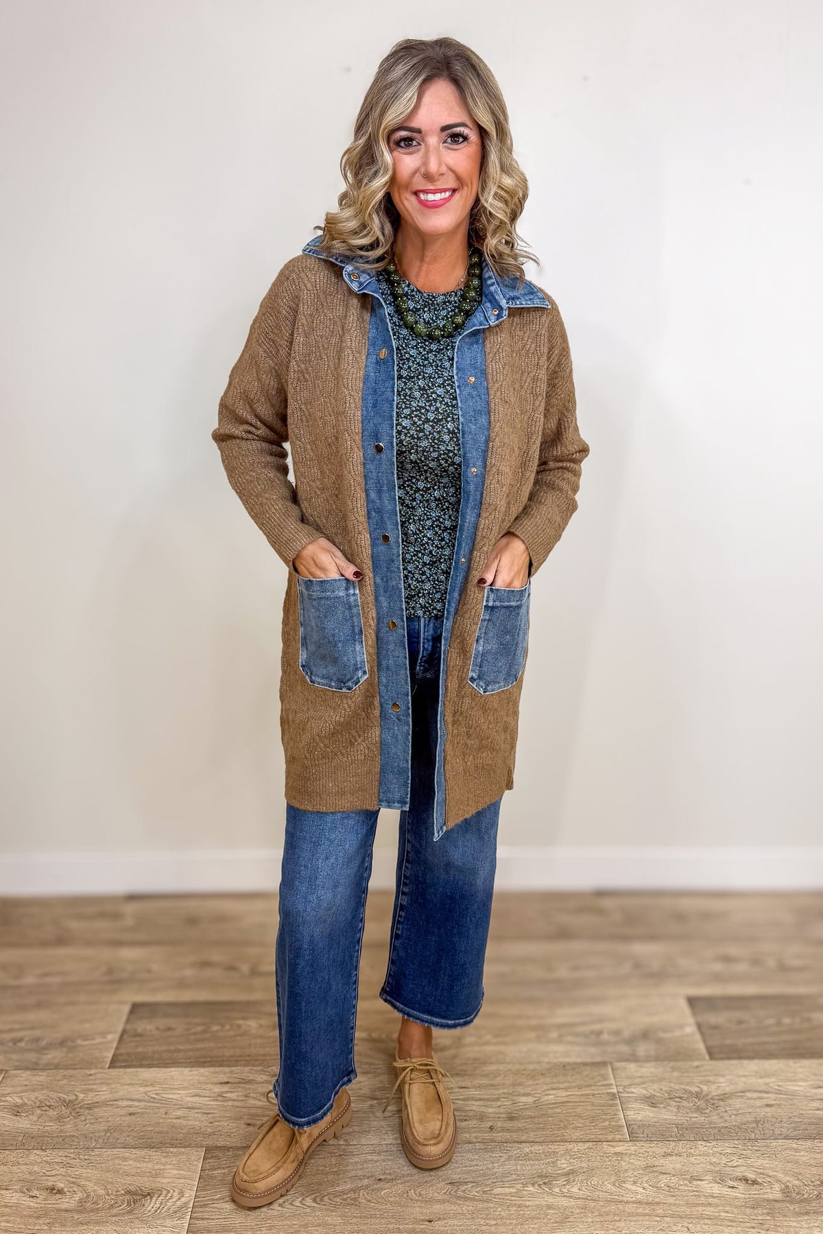 Camel Soho Cable Knit Denim Trim Cardigan