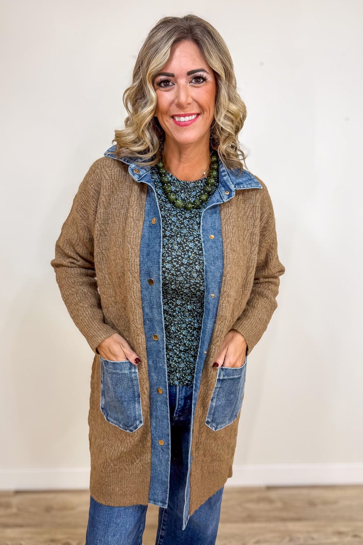 Camel Soho Cable Knit Denim Trim Cardigan